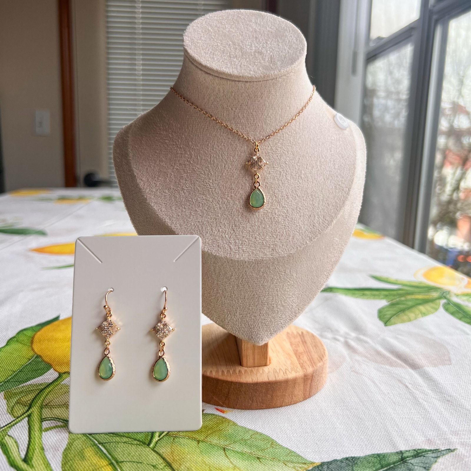 Chalcedony Opal Mint Sea Green Diamond Square Drop Art Deco Romantic Jewelry Set